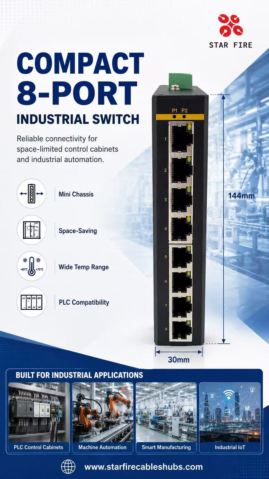 Compact 8 Port Slim DIN Rail Industrial Ethernet Switch